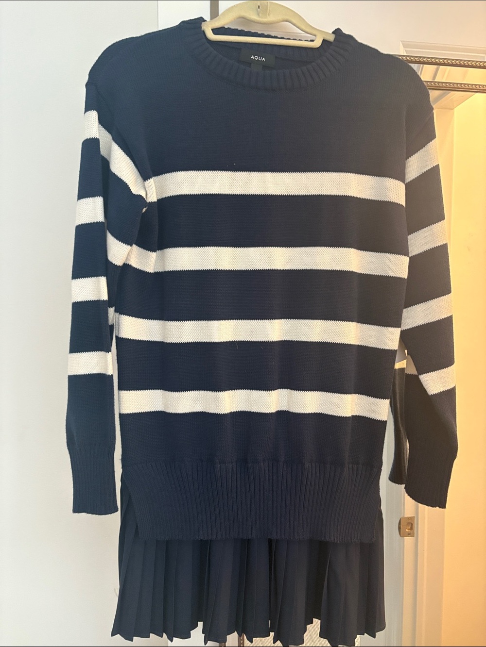 Aqua Navy and White Striped Crewneck Sweater
